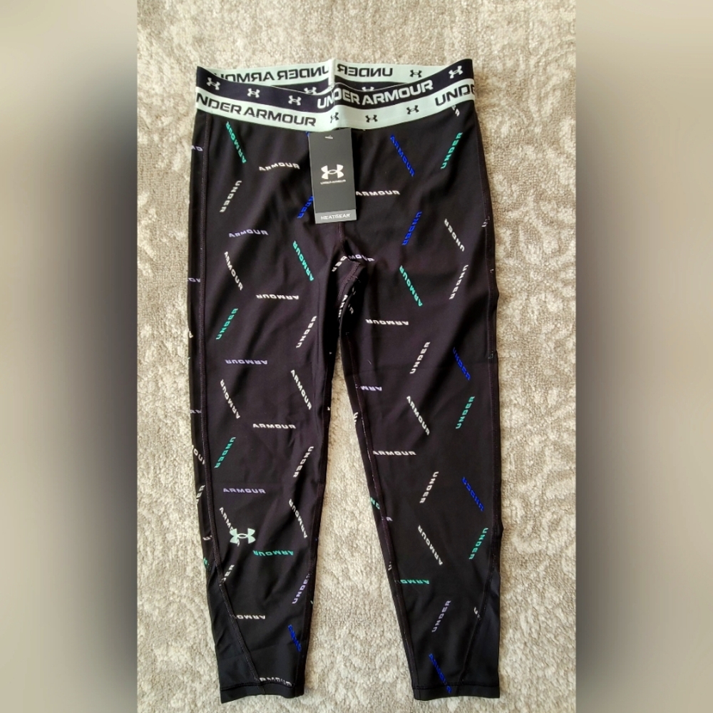Girls Under Armour Heatgear Fitted Leggings Black Multi Color Print, Size YLG